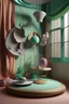 Placeholder: create a floating still life with otherworldy shapes and textures. Pastel background and abstract shapes that are made of various materials, including fabrics, metals and glass