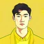 Placeholder: 2d Illustration of a 23 year old handsome Chinese man, front view, flat single color yellow background