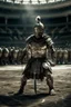 Placeholder: A white male muscular armored Gladiator in the dusty filled arena of ancient Rome . He has a special Celtic armor on. He is wearing no helmet. He has battle scars. He is holding a broadsword.He is victorious over many. He is facing straight ahead. There are body’s of other vanquished gladiators laying lifeless on the ground around him.