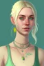 Placeholder: Realistic young woman, neck length white blonde hair in a half ponytail, pale skin, light blue eyes, freckles, big boobs, big green earrings, green and gold necklace, green tank-top with blue overalls on top, grey plant tattoo on arm