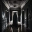 Placeholder: Hyper Realistic transparent black ghost between a huge dark hallway of a British mansion at night with peeling wall paints