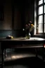 Placeholder: an old creepy room with bouquet of flowers on a table