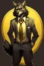 Placeholder: Buff, anthro, wolf, himbo, black fur, gold eyes, wearing a suit, full-body