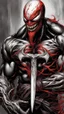 Placeholder: Venom symbiote with kratos Beard and red tattoos and Clothes, holding blade of choice