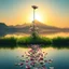 Placeholder: A surreal and dreamlike landscape featuring a single majestic [flower type] rising above a cluster of similar blooms. The flowers grow from a patch of vibrant green grass that floats atop a reflective water surface. Scattered petals extend across the water like a path, leading the viewer’s eye into the distance. In the background, shadowy mountains loom under a golden-yellow sky, casting a warm, ethereal glow. The water reflects the flowers, petals, and mountains, enhancing the mystical atmosphe