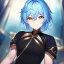 Placeholder: Clear focus, High resolution, short light blue fluffy hair, hair between eyes, yellow eyes, wearing black magma shorts, detailed outfit, blue and black outfit, gold accessory, female