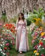 Placeholder: create a video , in a pretty nature of conuntry side a big mas of ramdom pretty flowers fall down and a beautiful lady in victorian clothing comes out and walks with cute in the flowers garde