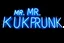 Placeholder: a very big blue whita neon sign that say "MR. KUKRUNK" , black background, flashes and sparks