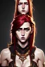 Placeholder: hyper realist, hyper detailed, stunningly beautiful teen woman, long ginger hair, medium freckles, skimpy fantasy intricate leather armour, full body and head, c-cup breasts, serious expression, centred camera, full frame, petite