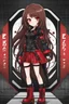 Placeholder: a full-body shot of a woman with long brown hair parted in the middle, red eyes, with a 'bad girl' vibe striking a confident pose, wearing black and red leather, ((Chibi anime doll style)), intricately detailed, splash art background