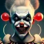 Placeholder: Full body portrait scary clown, dynamic pose,a little girl with him, an old mirror , detailed, realistic, cinematic, dramatic light 8k