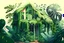 Placeholder: House illustration, realistic, detailed, illustrative, childrenbook style, green house, jungle plants