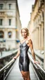 Placeholder: beautiful anorexic young woman, total shot, shiny anthracite triathlon swimsuit, short blond wavy bob hair, blurred city background