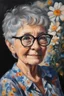 Placeholder: Oil paint on canvas, chiaroscuro, deep shadows, masterpiece, happy, 2020 caught off guard, 79-year-old Phyllis Kendall, short pixie-cut, shag-cut straight, dark salt and pepper hair, overweight, blue eyes, great big, round lensed eyeglasses, wearing a black, floral print, short-sleeved, pull-over shirt, dark blue sweatpants, sitting at the computer checking her emails