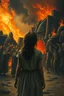 Placeholder: A rear view of a girl standing in front of hell were people are panic with fire and screaming,in Bosch painting style