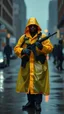 Placeholder: vintage retro nypd full body color blackmen policeman wtih heavy yellow rain transparent coat with thompson riffle