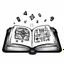 Placeholder: Make black and white cute drawing of a Spellbook with black bold lines. Only outline, no grayscale. A thick, glowing book with intricate designs on its cover. Show magical symbols and runes floating above the open pages, and surround it with tiny glowing motes of light.