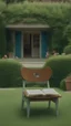 Placeholder: Empty chair of an academic in a garden [snapshot of Russian Doll TV series by Natasha Lyonne, Leslye Headland, and Amy Poehler, (2019)] In front of the chair, there a book of mathematics on the chair in the middle of a French garden