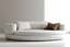Placeholder: minimalist white curved sofa that is shaped like a stack of pancakes