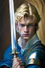 Placeholder: young blond adult royal swordsman with rapier