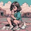 Placeholder: Little girl who has dropped an ice cream cone on ground and is looking at it sadly, by FAILE, artistic, profound, dramatic, digital illustration