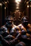 Placeholder: full body shot photography, two muscular chubby ugly burly marocan men , sweat, bulge, masculine hairy 43 year old man, curly hair, manly chest, curly beard ,big shoulders, big arms, big legs, bulge,, ambient occlusion , lying down sleeping in a steamy Sauna, super high resolution, 8k, dim light, side light, ultra hyper realistic, frontal view