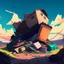 Placeholder: Dumpster mountains of garbage with houses no people anime style