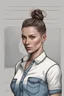 Placeholder: a very muscular female mother dressed polo t-shirt and blue jean pant with hair styled into a professional bun with a very masculine body structure with a flat chest and standing with hands in pocket facing front in a photorealistic picture