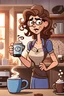 Placeholder: disney cartoon style, a tangled-haired, sleepy, cranky, nervous woman is standing with an hourglass mug in her hand, the mug says "coffee", she shows the camera the display of her mobile phone, which shows 9:00, behind her is coffee flowing from the coffee maker onto the kitchen counter, a coffee mug a half sock, pen, glasses, laptop on the counter, 2025 calendar on the wall, the wall clock shows 8 o'clock, the micro digital clock shows 8:30, little morning light, funny and surreal