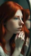 Placeholder: beautiful girl with red hair dreaming of a love world and looking to the mirror