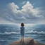 Placeholder: A beautiful scene A young girl appears with her back standing in front of the sea in a drawn painting. The girl watches the sky and the sea approaches her with its calm waves. The girl in the blue dress and short hair looks at the sky where there is a cloud from which the name “Reem” emerges in a three-dimensional form.
