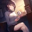 Placeholder: anime girl, holding a large tea cup that is overflowing, sitting in a diner