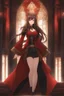 Placeholder: (masterpiece), (anime style), award winning, centered, looking toward camera, long brown hair, confident young woman, red eyes, intricately detailed modern setting, dynamic lighting, dynamic composition, ultra detailed, (epic composition, epic proportion), wearing red and black fantasy clothing