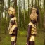 Placeholder: Female twins only,show face details clearly. Black skin, tall and slender, long afro kinky hair,slanted almond shaped dark brown eyes, warrior wear holding spears. Gold accents on clothing surrounded by trees.