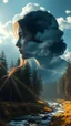 Placeholder: portrait of a Russian girl Double exposure surreal digital art of a mysterious , his face in profile, blending seamlessly into the shape of the clouds . a magical forest scene unfolds, illuminated by golden light rays, with tall trees and a flowing river.