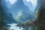 Placeholder: mountain river flows through a fantasy landscape gorge. a big blue lake in the middle of the mountains. fabulous nature, amazing seascape, highly detailed, digital painting, artstation, concept art, smooth, sharp focus, illustration, art by greg rutkowski and alphonse mucha