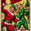 Placeholder: two elves. woman and man. Christmas scene. poster. marvel comic. low-key