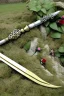 Placeholder: A large silver and Gold spear weapon covered in rose's and thorns, realistic, fantasy,