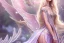 Placeholder: castle in background, beautiful, soft, big smiling, straight and long blonde hair, blues eyes, dewy and shiny atmosphere, diamond crown, long fairy wings in the back, full head, pink veil clothes