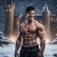 Placeholder: Hyper realistic Extremely Handsome shirtless muscular king smiling & Standing with short black hair outside huge castle at dark & heavy snowfall night