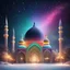 Placeholder: Hyper Realistic rainbow textured Mosque at beautiful snowfall night with decorative lights