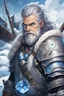 Placeholder: in anime style,1older man, a older man with blue eyes and black hair man in silver Viking armor with fur around the neck with blue crystal on his chest holding an axe in his hands standing on a pirate ship in the artic, warrior in anime style,