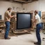 Placeholder: Cro-Magnon engineers constructing a large flat screen television