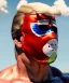 Placeholder: Realistic image of Donald trump wrestler, Mexican wrestling style, Mexican wrestling mask, chin AMG mooth visible, red and blue breeches, glow us flag dress, suspenders, retro style, 80s, vibrant color, highly detailed, sky background, concept art, unreal engine 5, god rays, ray tracing, RTX, lumen lighting, ultra detail, volumetric lighting, 3d, finely drawn, high definition, high resolution.