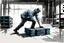 Placeholder: a man from sweden, very strong pushing a pallet on the floor in a factory, very basic sketch painting