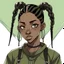 Placeholder: Teenage black girl, anime style, black boxer braids, dark chocolate brown eyes, sage green shirt