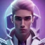 Placeholder: man, cute face, white highlight hair, brown eye, white, skin, purple suits, futuristic, science, purple, blue, dark pink background lighting, technology, profile, asian boy, square face, light orange