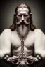 Placeholder: Viking BDSM style, 8K, a Highly detailed portrait of a man holding a submissive woman in a chain, white suit, beard, and short hair