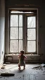 Placeholder: A baby in front of a big window in an abandoned damaged room , a cat out side the widow looking at him