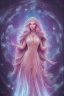 Placeholder: Create an image of a full body cosmic Goddess. The goddess should be depicted as a beautiful and powerful figure, surrounded by cosmic stars. Her hair should be long, blond and flowing, and she should be dressed in a flowing gown blue celestial robe. In the background, include imagery of pink flowers, blue sky,trees. The image should evoke a sense of joy, celebration, and spiritual connection to nature.